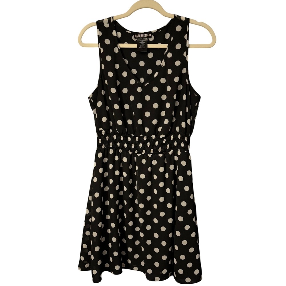 Paper Doll Rockabilly Black White Polka Dot Smocked Waist Racerback Dress, Sz L